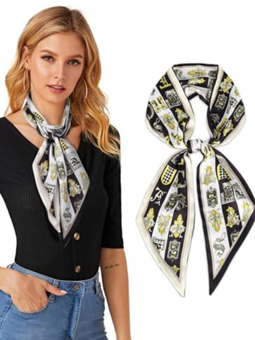 Black Yellow White 59" Satin Skinny Scarf Hair Neck Tie Bag Wrap Scarf